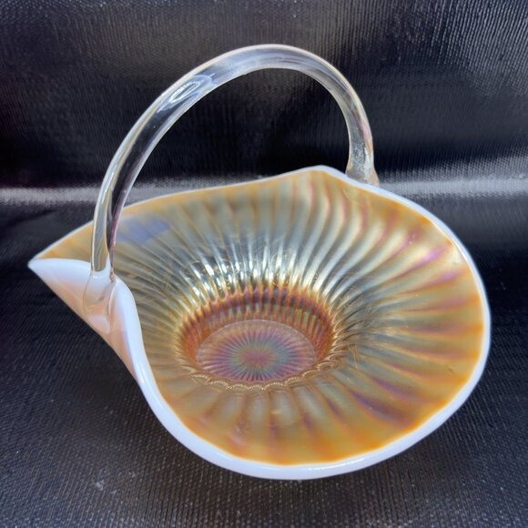 Dugan Caroline Peach Opal Opalescent Carnival Glass Handled Basket Bowl Antique - Picture 15 of 16